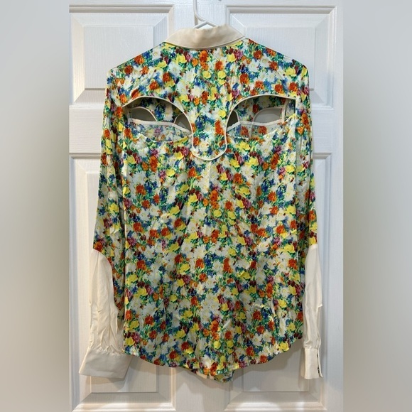 Rebecca Minkoff Silk Cut Out Blouse Micro Floral Pearl Snap Button Women Sz 12 - Picture 2 of 10